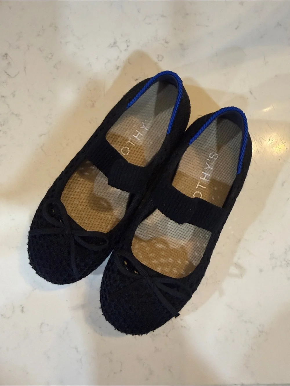 Rothy's Kids Black Knit Mary Jane Flats with Blue Trim